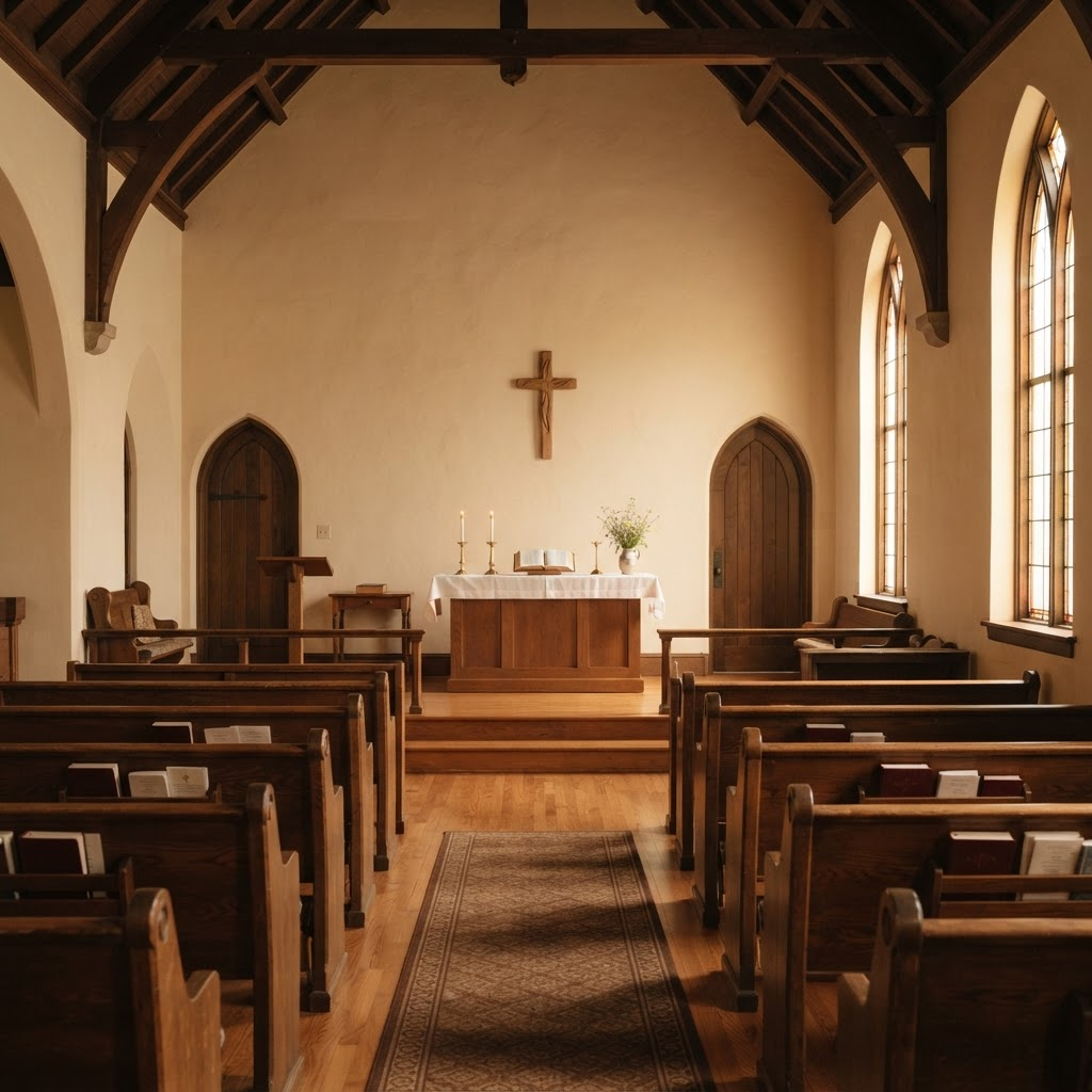 The warm, sunlit interior of a community church sanctuary